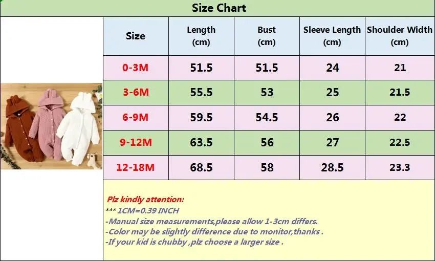 0 - 18 Month Newborn Baby Romper Boys Girls Cute Ears Solid Hooded Long Sleeve Baby Bodysuit Clothes Infant Autumn&Winter Costumes - PratSN