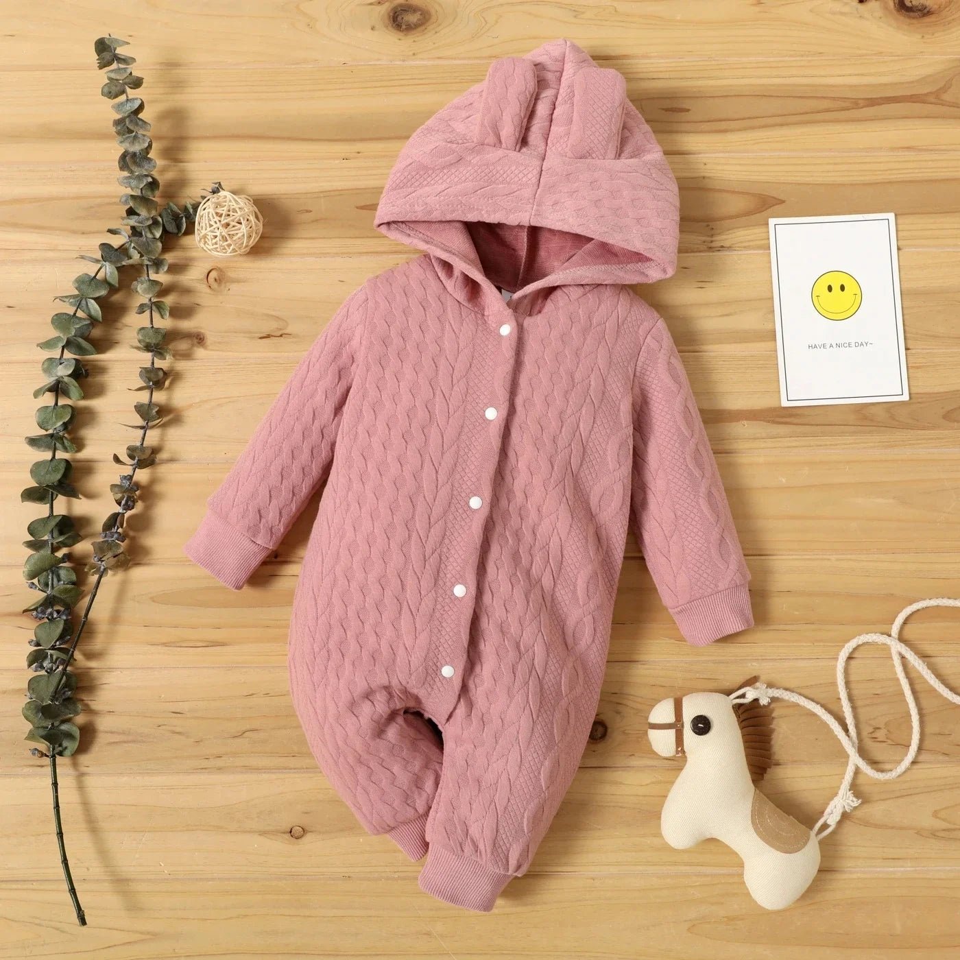 0 - 18 Month Newborn Baby Romper Boys Girls Cute Ears Solid Hooded Long Sleeve Baby Bodysuit Clothes Infant Autumn&Winter Costumes - PratSN