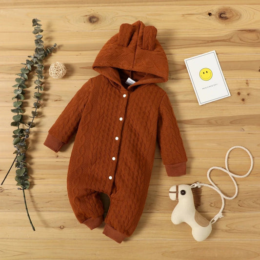 0 - 18 Month Newborn Baby Romper Boys Girls Cute Ears Solid Hooded Long Sleeve Baby Bodysuit Clothes Infant Autumn&Winter Costumes - PratSN