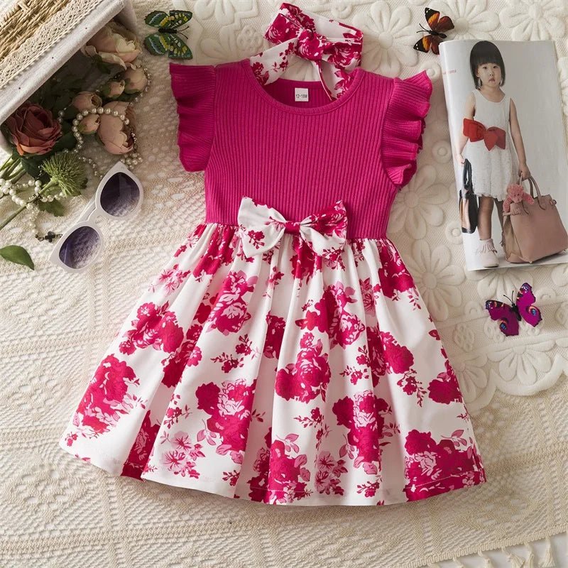 0 - 3 Years Baby Girl Clothes Summer Sleeveless Printed Dress Newborn Girl 1st Birthday Dress Ruffled Patchwork Dress and Headband - PratSN