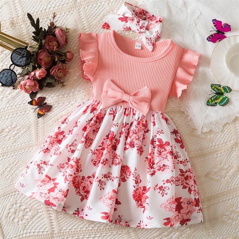 0 - 3 Years Baby Girl Clothes Summer Sleeveless Printed Dress Newborn Girl 1st Birthday Dress Ruffled Patchwork Dress and Headband - PratSN