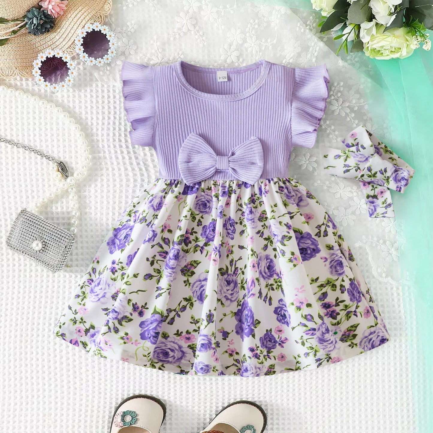0 - 3 Years Baby Girl Clothes Summer Sleeveless Printed Dress Newborn Girl 1st Birthday Dress Ruffled Patchwork Dress and Headband - PratSN