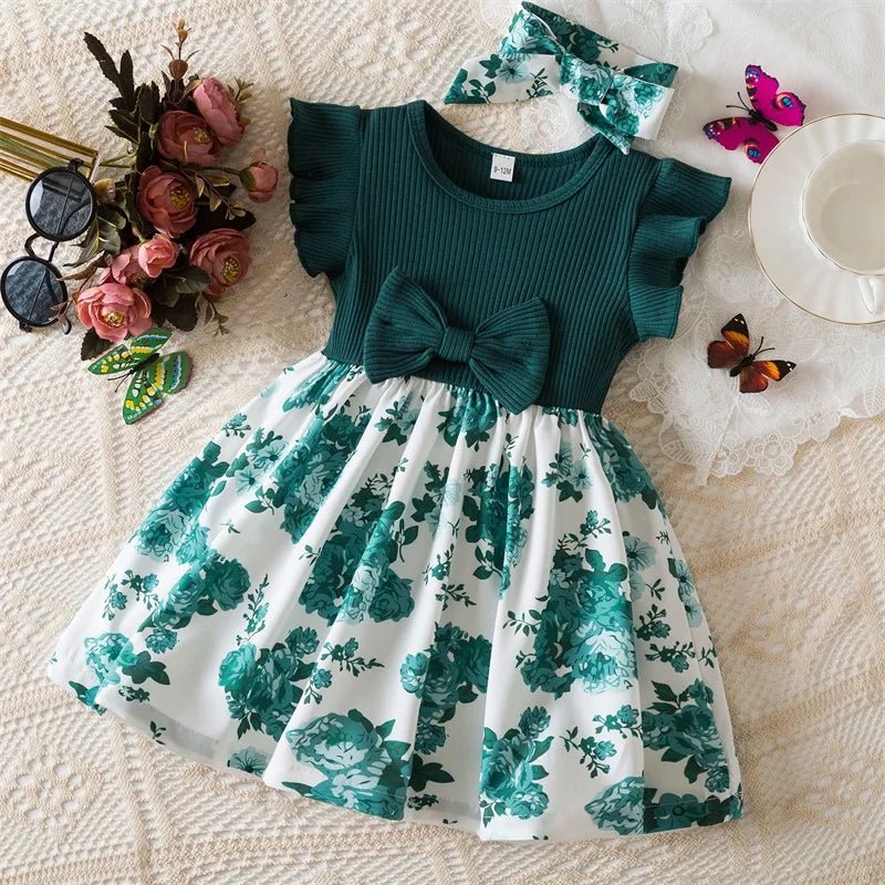 0 - 3 Years Baby Girl Clothes Summer Sleeveless Printed Dress Newborn Girl 1st Birthday Dress Ruffled Patchwork Dress and Headband - PratSN