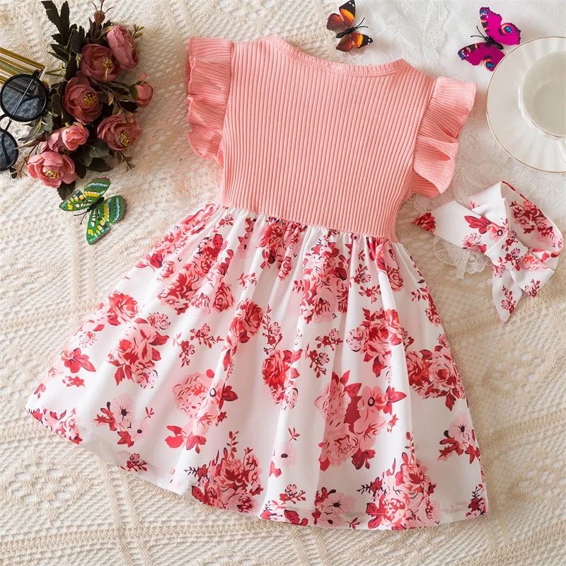 0 - 3 Years Baby Girl Clothes Summer Sleeveless Printed Dress Newborn Girl 1st Birthday Dress Ruffled Patchwork Dress and Headband - PratSN