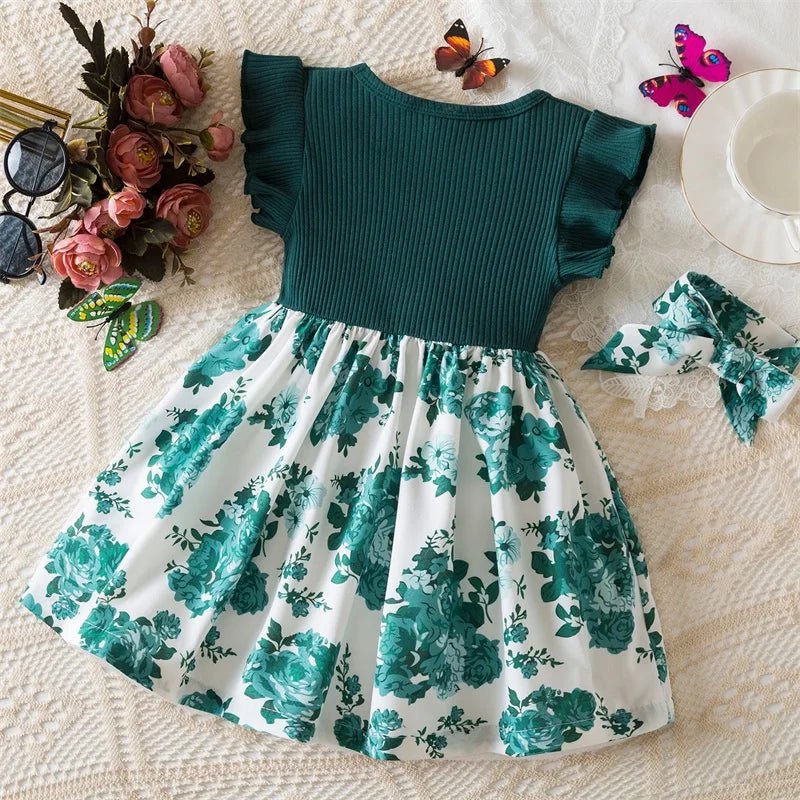 0 - 3 Years Baby Girl Clothes Summer Sleeveless Printed Dress Newborn Girl 1st Birthday Dress Ruffled Patchwork Dress and Headband - PratSN