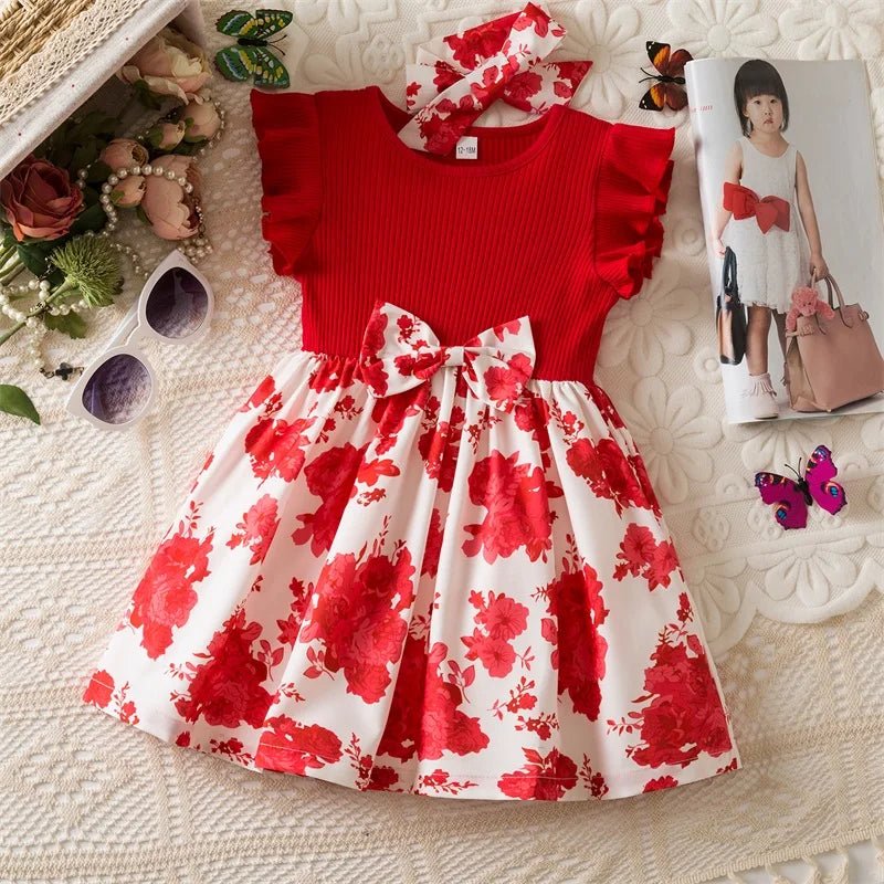 0 - 3 Years Baby Girl Clothes Summer Sleeveless Printed Dress Newborn Girl 1st Birthday Dress Ruffled Patchwork Dress and Headband - PratSN
