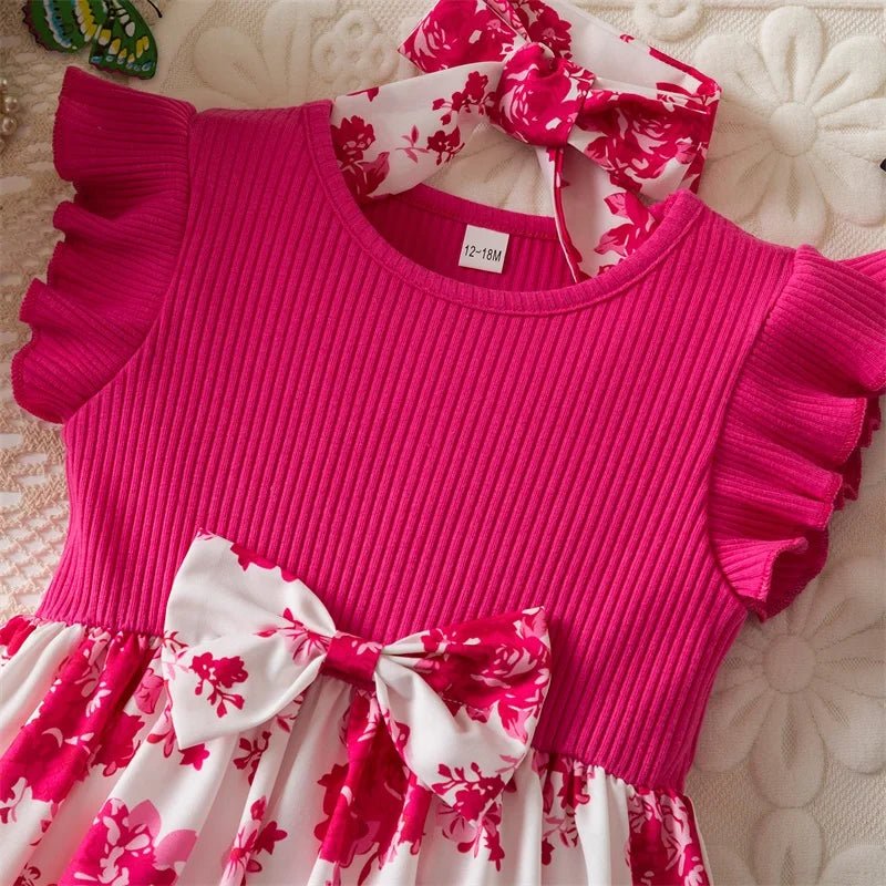0 - 3 Years Baby Girl Clothes Summer Sleeveless Printed Dress Newborn Girl 1st Birthday Dress Ruffled Patchwork Dress and Headband - PratSN