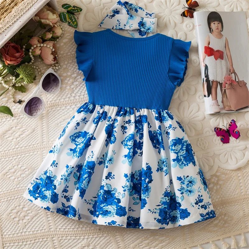 0 - 3 Years Baby Girl Clothes Summer Sleeveless Printed Dress Newborn Girl 1st Birthday Dress Ruffled Patchwork Dress and Headband - PratSN