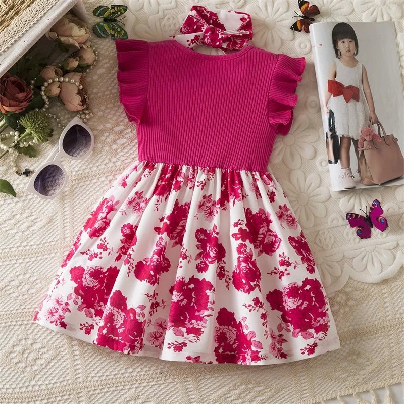 0 - 3 Years Baby Girl Clothes Summer Sleeveless Printed Dress Newborn Girl 1st Birthday Dress Ruffled Patchwork Dress and Headband - PratSN