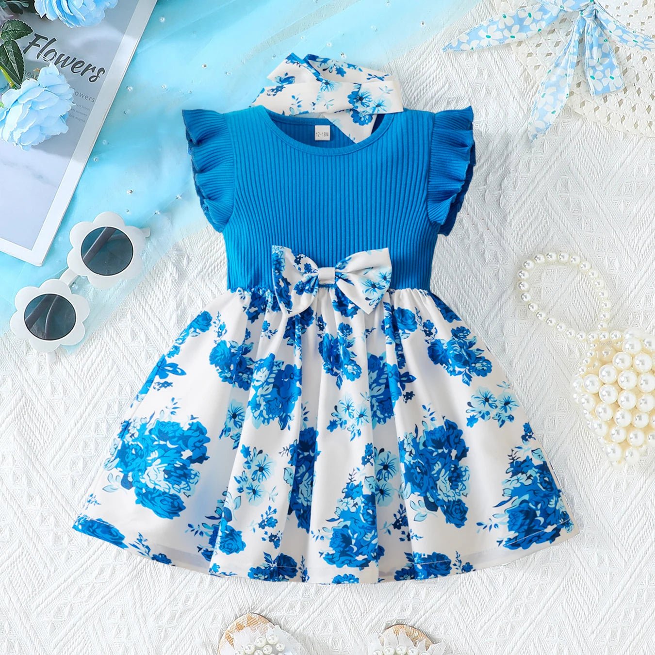 0 - 3 Years Baby Girl Clothes Summer Sleeveless Printed Dress Newborn Girl 1st Birthday Dress Ruffled Patchwork Dress and Headband - PratSN