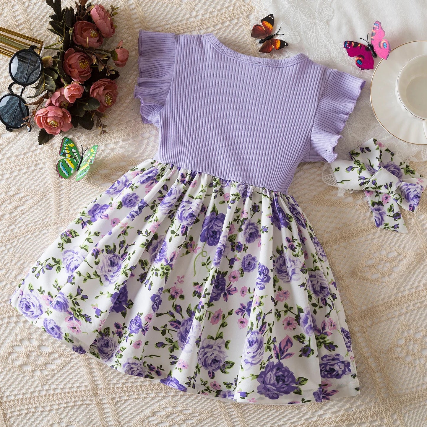 0 - 3 Years Baby Girl Clothes Summer Sleeveless Printed Dress Newborn Girl 1st Birthday Dress Ruffled Patchwork Dress and Headband - PratSN