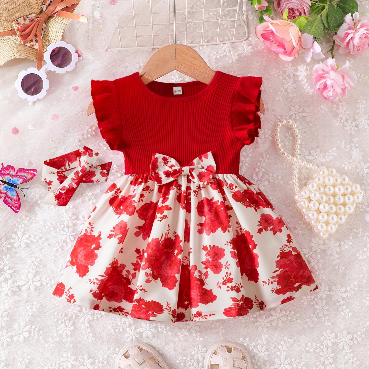 0 - 3 Years Baby Girl Clothes Summer Sleeveless Printed Dress Newborn Girl 1st Birthday Dress Ruffled Patchwork Dress and Headband - PratSN