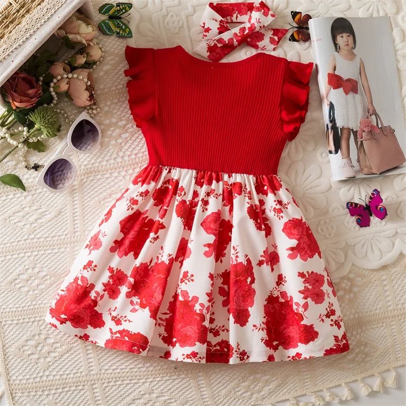 0 - 3 Years Baby Girl Clothes Summer Sleeveless Printed Dress Newborn Girl 1st Birthday Dress Ruffled Patchwork Dress and Headband - PratSN