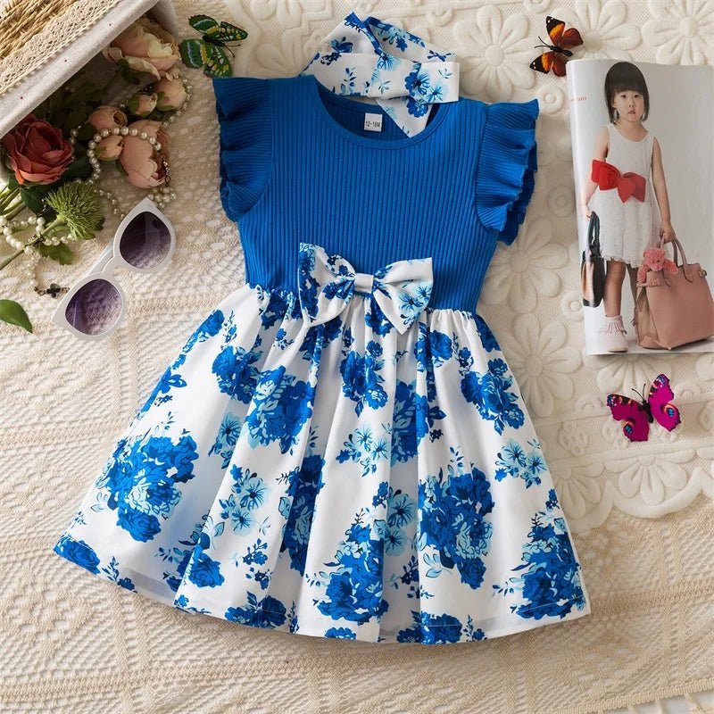 0 - 3 Years Baby Girl Clothes Summer Sleeveless Printed Dress Newborn Girl 1st Birthday Dress Ruffled Patchwork Dress and Headband - PratSN