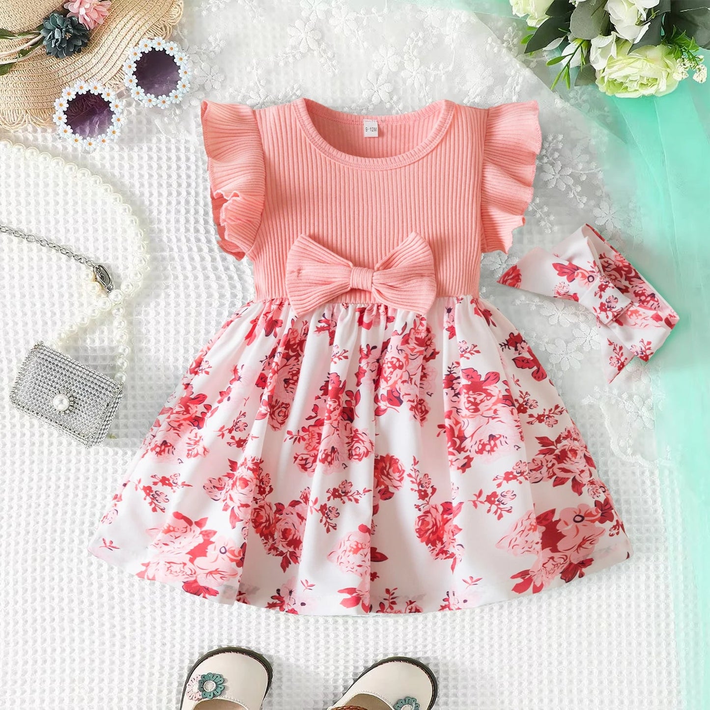0 - 3 Years Baby Girl Clothes Summer Sleeveless Printed Dress Newborn Girl 1st Birthday Dress Ruffled Patchwork Dress and Headband - PratSN