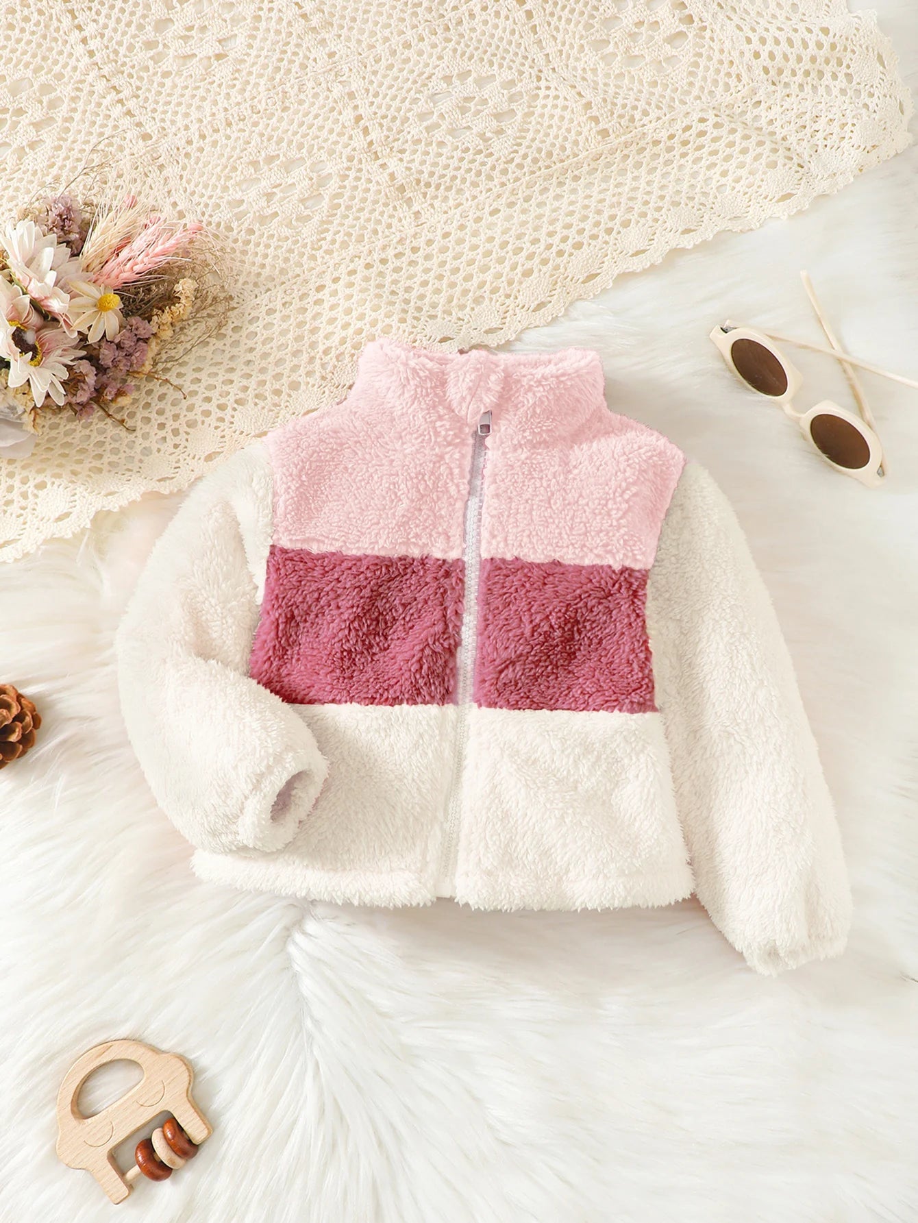 2 - 8 Years Kids Girl Plush Overcoat Long Sleeves Lapel Zippered Coat for Winter Outdoor Wear Fashion Color Blocking Warm Top - PratSN