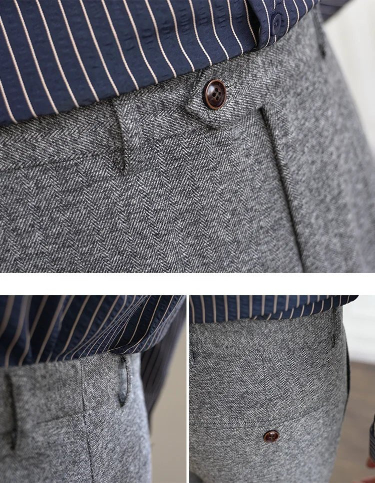 2023 Fall Men's Thick Tweed Solid Color Suit Pant Feet Casual British High Waist Pants Office - trousers Men Dress Pant Trousers - PratSN