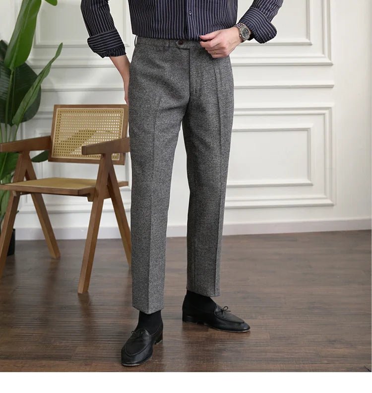 2023 Fall Men's Thick Tweed Solid Color Suit Pant Feet Casual British High Waist Pants Office - trousers Men Dress Pant Trousers - PratSN