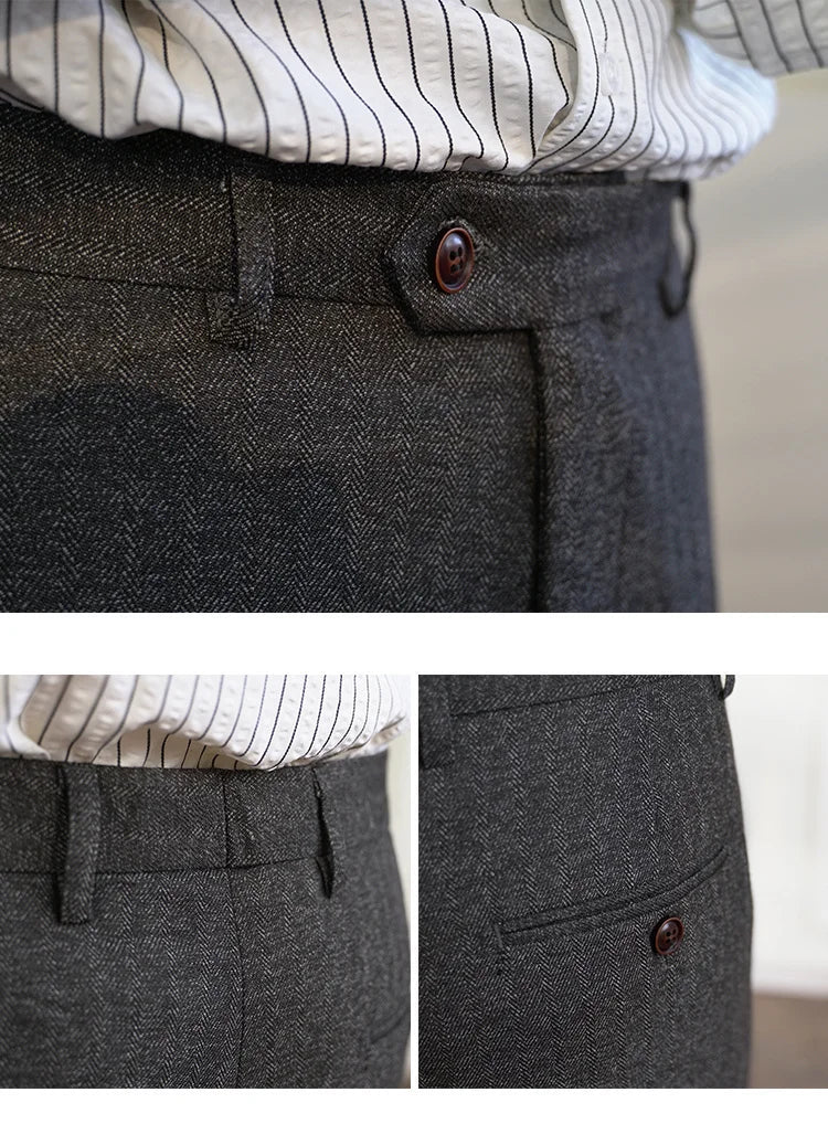 2023 Fall Men's Thick Tweed Solid Color Suit Pant Feet Casual British High Waist Pants Office - trousers Men Dress Pant Trousers - PratSN