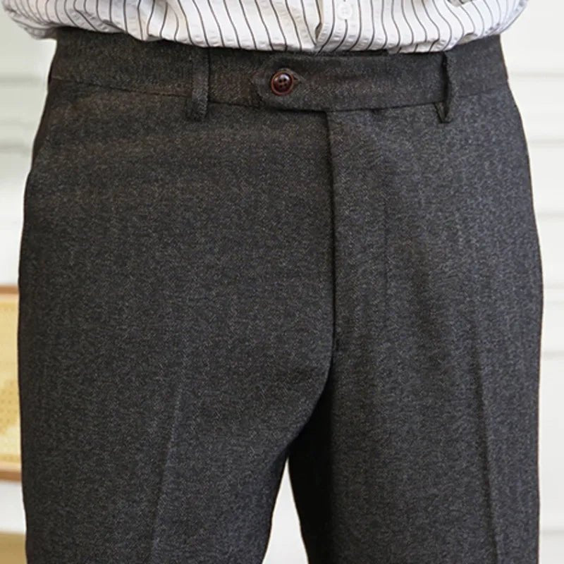 2023 Fall Men's Thick Tweed Solid Color Suit Pant Feet Casual British High Waist Pants Office - trousers Men Dress Pant Trousers - PratSN