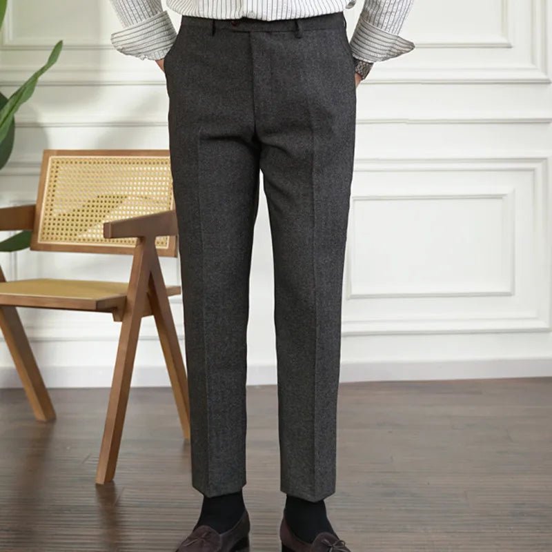 2023 Fall Men's Thick Tweed Solid Color Suit Pant Feet Casual British High Waist Pants Office - trousers Men Dress Pant Trousers - PratSN