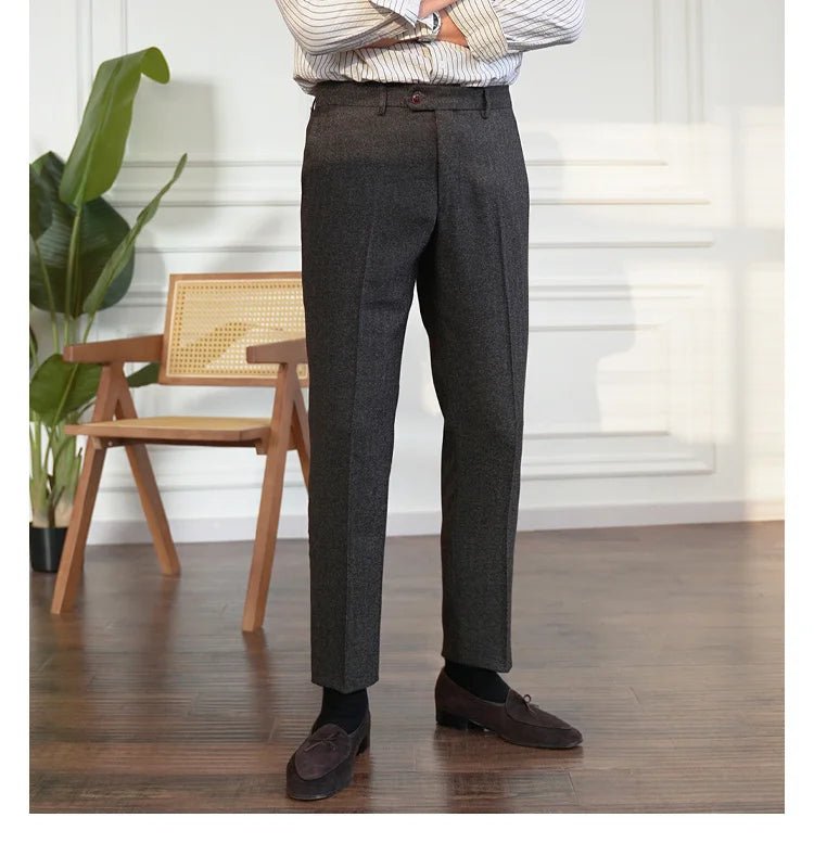 2023 Fall Men's Thick Tweed Solid Color Suit Pant Feet Casual British High Waist Pants Office - trousers Men Dress Pant Trousers - PratSN