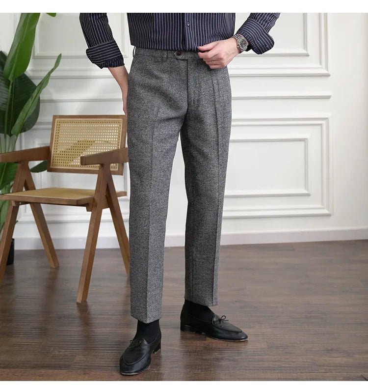 2023 Fall Men's Thick Tweed Solid Color Suit Pant Feet Casual British High Waist Pants Office - trousers Men Dress Pant Trousers - PratSN