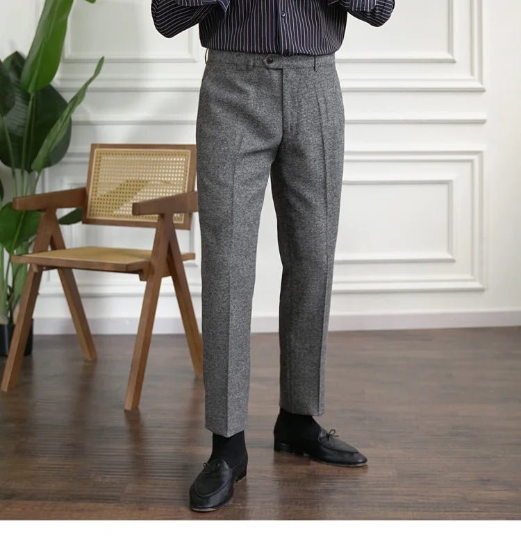 2023 Fall Men's Thick Tweed Solid Color Suit Pant Feet Casual British High Waist Pants Office - trousers Men Dress Pant Trousers - PratSN