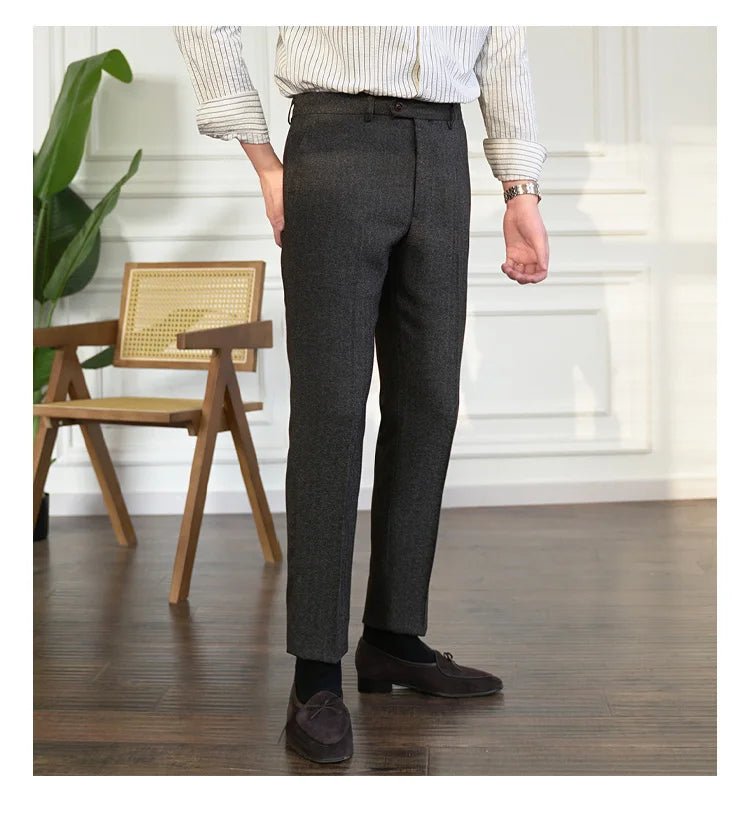 2023 Fall Men's Thick Tweed Solid Color Suit Pant Feet Casual British High Waist Pants Office - trousers Men Dress Pant Trousers - PratSN