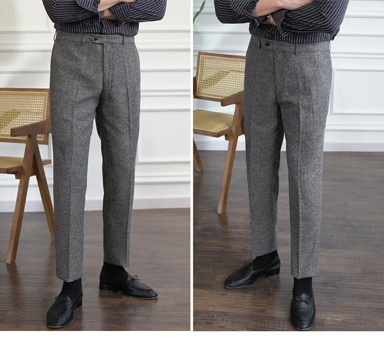 2023 Fall Men's Thick Tweed Solid Color Suit Pant Feet Casual British High Waist Pants Office - trousers Men Dress Pant Trousers - PratSN