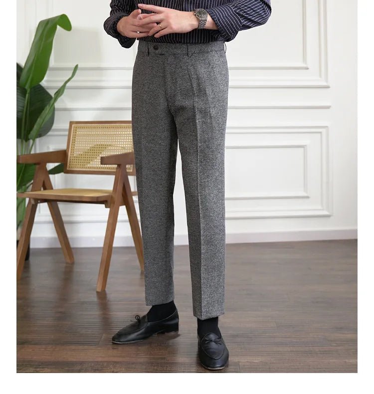 2023 Fall Men's Thick Tweed Solid Color Suit Pant Feet Casual British High Waist Pants Office - trousers Men Dress Pant Trousers - PratSN