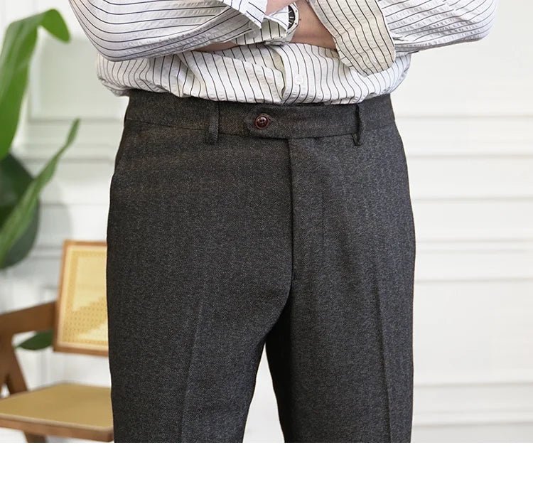 2023 Fall Men's Thick Tweed Solid Color Suit Pant Feet Casual British High Waist Pants Office - trousers Men Dress Pant Trousers - PratSN