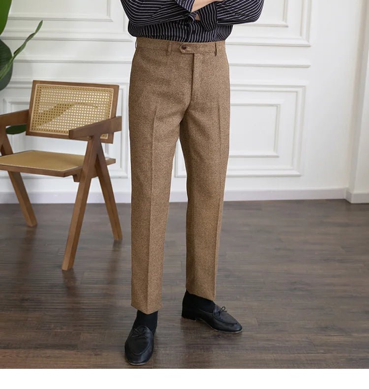 2023 Fall Men's Thick Tweed Solid Color Suit Pant Feet Casual British High Waist Pants Office - trousers Men Dress Pant Trousers - PratSN