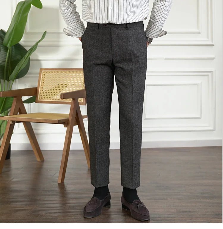 2023 Fall Men's Thick Tweed Solid Color Suit Pant Feet Casual British High Waist Pants Office - trousers Men Dress Pant Trousers - PratSN