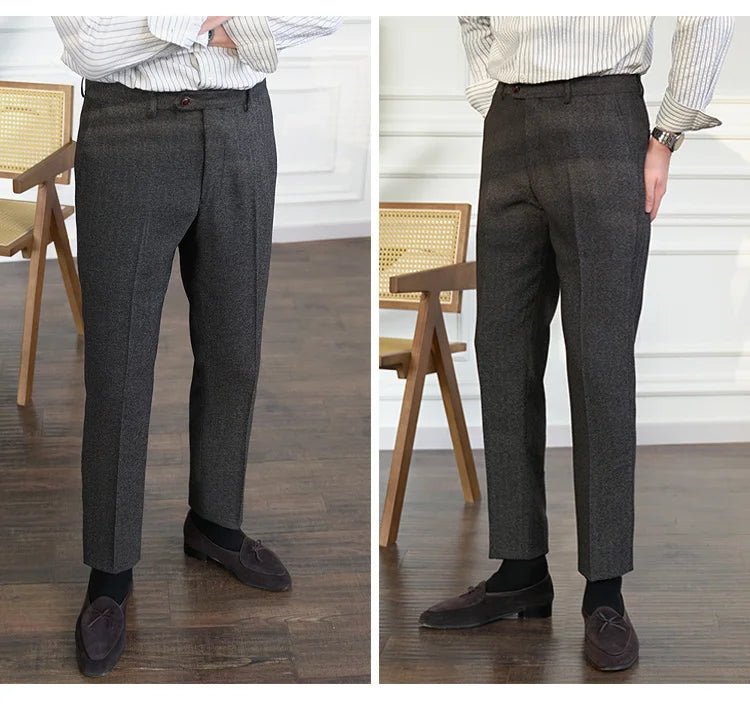 2023 Fall Men's Thick Tweed Solid Color Suit Pant Feet Casual British High Waist Pants Office - trousers Men Dress Pant Trousers - PratSN