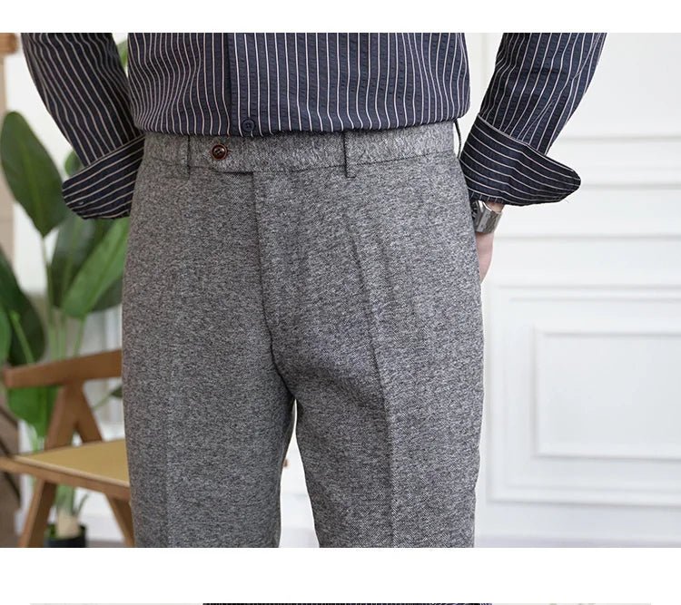 2023 Fall Men's Thick Tweed Solid Color Suit Pant Feet Casual British High Waist Pants Office - trousers Men Dress Pant Trousers - PratSN