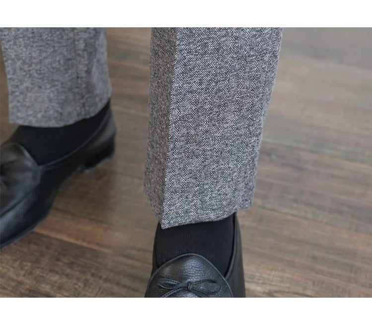 2023 Fall Men's Thick Tweed Solid Color Suit Pant Feet Casual British High Waist Pants Office - trousers Men Dress Pant Trousers - PratSN