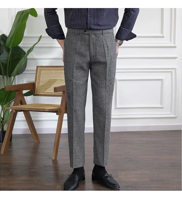 2023 Fall Men's Thick Tweed Solid Color Suit Pant Feet Casual British High Waist Pants Office - trousers Men Dress Pant Trousers - PratSN