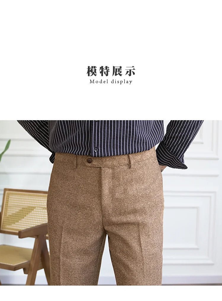 2023 Fall Men's Thick Tweed Solid Color Suit Pant Feet Casual British High Waist Pants Office - trousers Men Dress Pant Trousers - PratSN