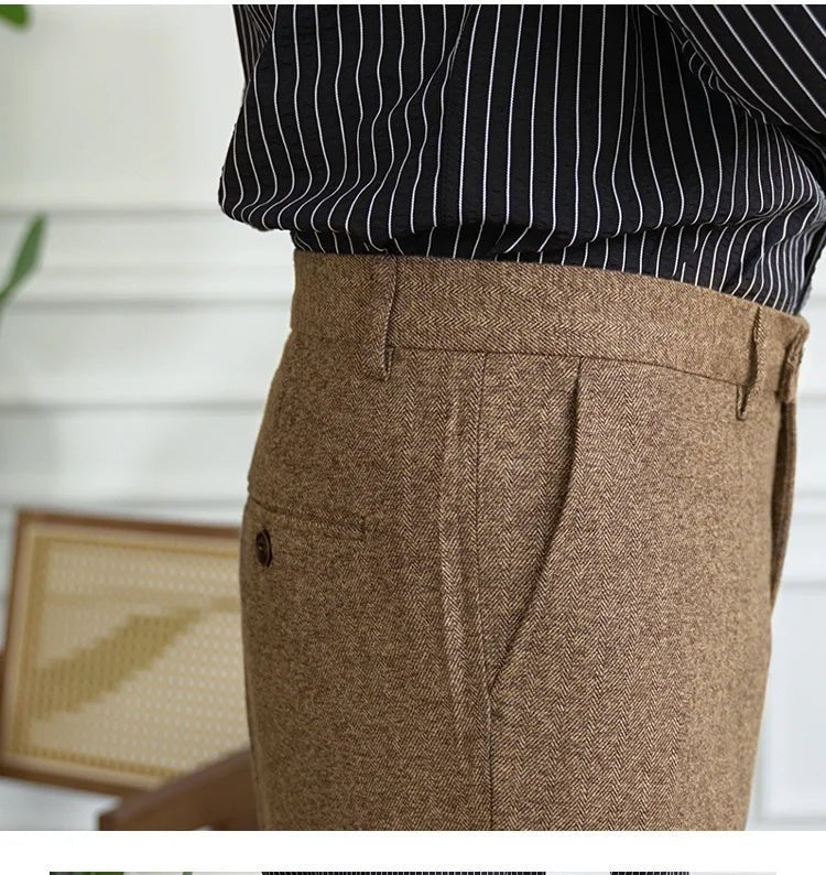 2023 Fall Men's Thick Tweed Solid Color Suit Pant Feet Casual British High Waist Pants Office - trousers Men Dress Pant Trousers - PratSN