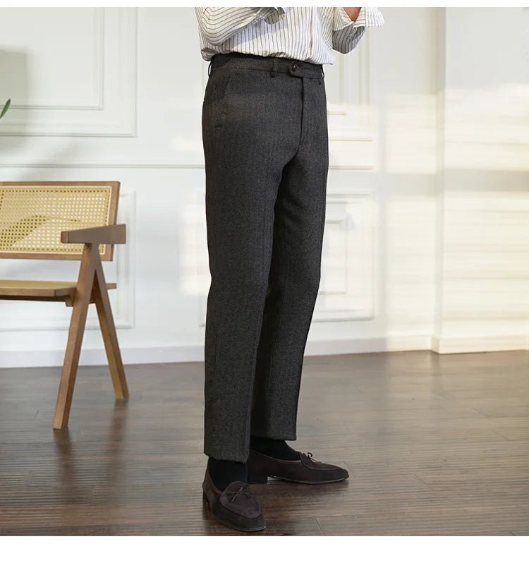 2023 Fall Men's Thick Tweed Solid Color Suit Pant Feet Casual British High Waist Pants Office - trousers Men Dress Pant Trousers - PratSN