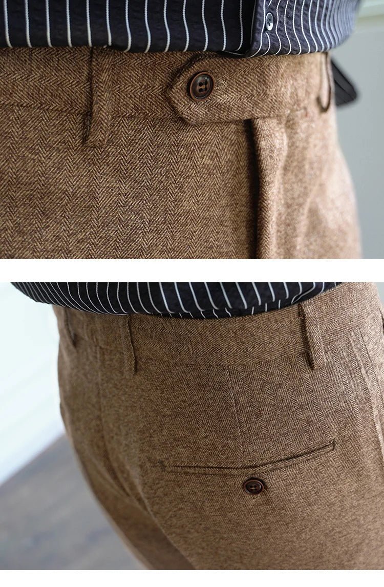 2023 Fall Men's Thick Tweed Solid Color Suit Pant Feet Casual British High Waist Pants Office - trousers Men Dress Pant Trousers - PratSN
