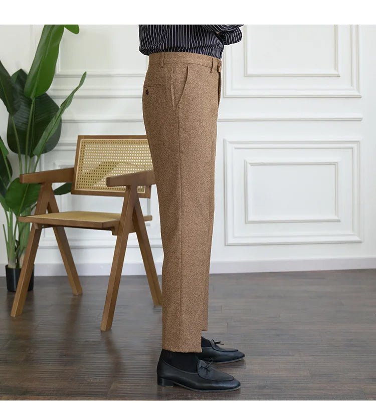 2023 Fall Men's Thick Tweed Solid Color Suit Pant Feet Casual British High Waist Pants Office - trousers Men Dress Pant Trousers - PratSN