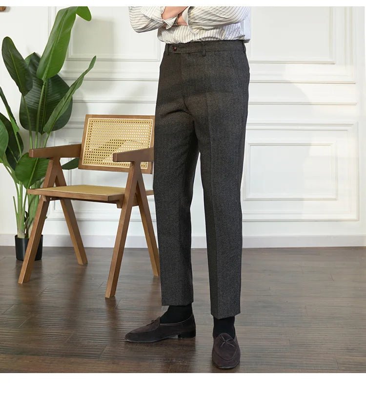2023 Fall Men's Thick Tweed Solid Color Suit Pant Feet Casual British High Waist Pants Office - trousers Men Dress Pant Trousers - PratSN