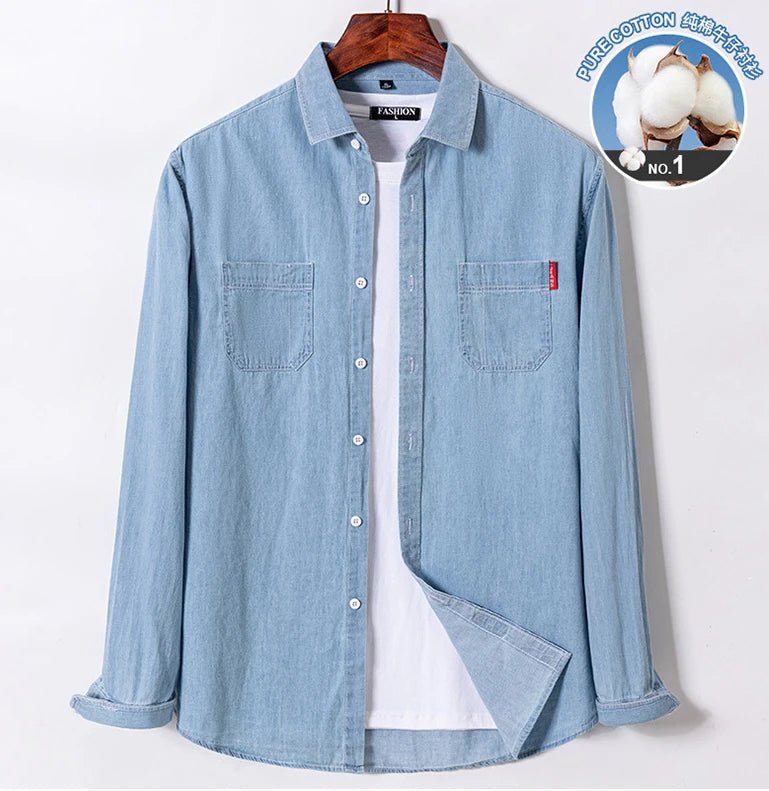 2023 Spring and Autumn Enzyme Washed Men's Long Sleeve Denim Shirt Pure Cotton Casual Fashion Outerwear Versatile Men's Clothing - PratSN