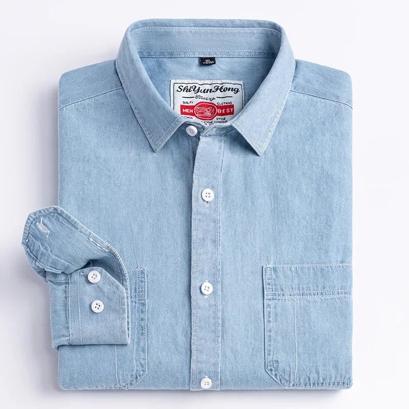 2023 Spring and Autumn Enzyme Washed Men's Long Sleeve Denim Shirt Pure Cotton Casual Fashion Outerwear Versatile Men's Clothing - PratSN