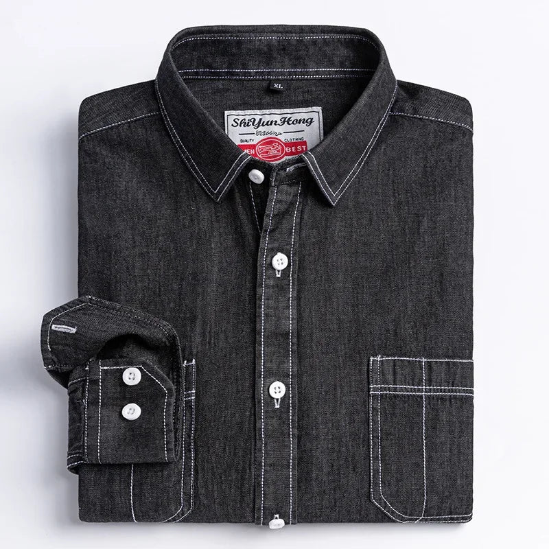2023 Spring and Autumn Enzyme Washed Men's Long Sleeve Denim Shirt Pure Cotton Casual Fashion Outerwear Versatile Men's Clothing - PratSN