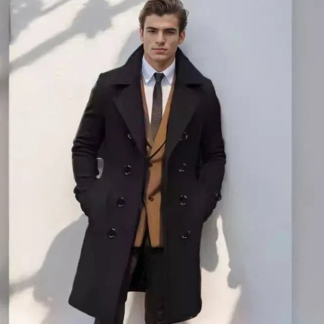 2024 Autumn and Winter High - quality Thick Long Double Breasted Men's Woolen Coat Slim Fit Woolen Coat - PratSN