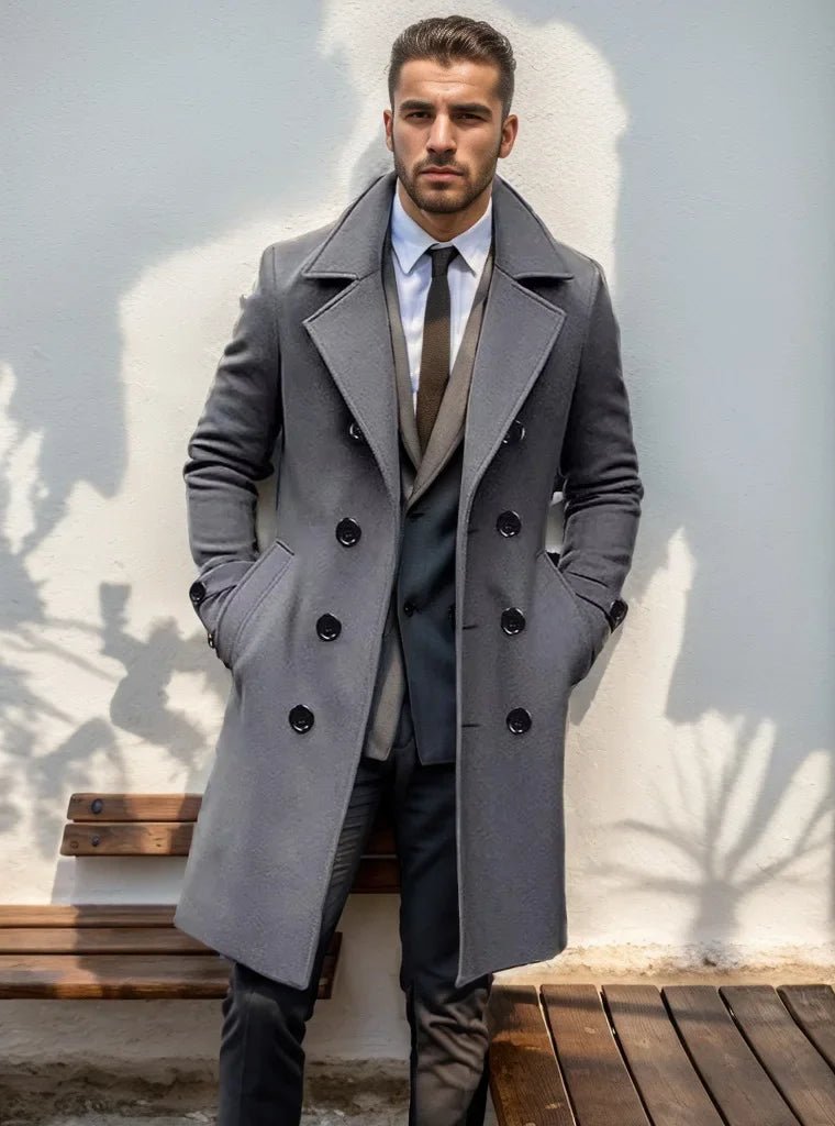 2024 Autumn and Winter High - quality Thick Long Double Breasted Men's Woolen Coat Slim Fit Woolen Coat - PratSN