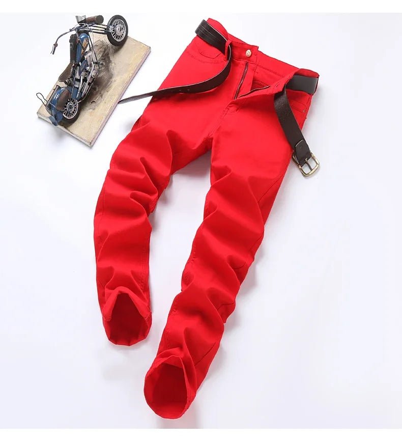 2024 Autumn New Men's Bright Stretch Fit Jeans Trendy Denim Straight - leg Trousers Male Red Lake Blue Yellow Trousers - PratSN